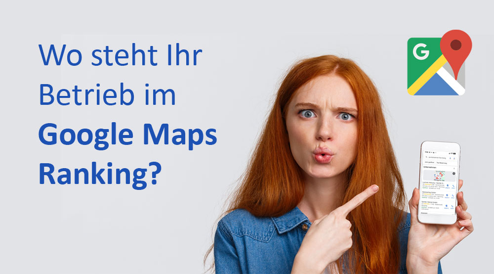 Eine junge Frau zeigt fragend auf ein Smartphone. Wo steht ihr Betrieb im Google Maps Ranking?